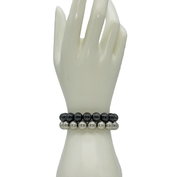 Beaded Bracelets Set Black & Silver Stretchy Adjustable Unisex - Picture 1 of 10